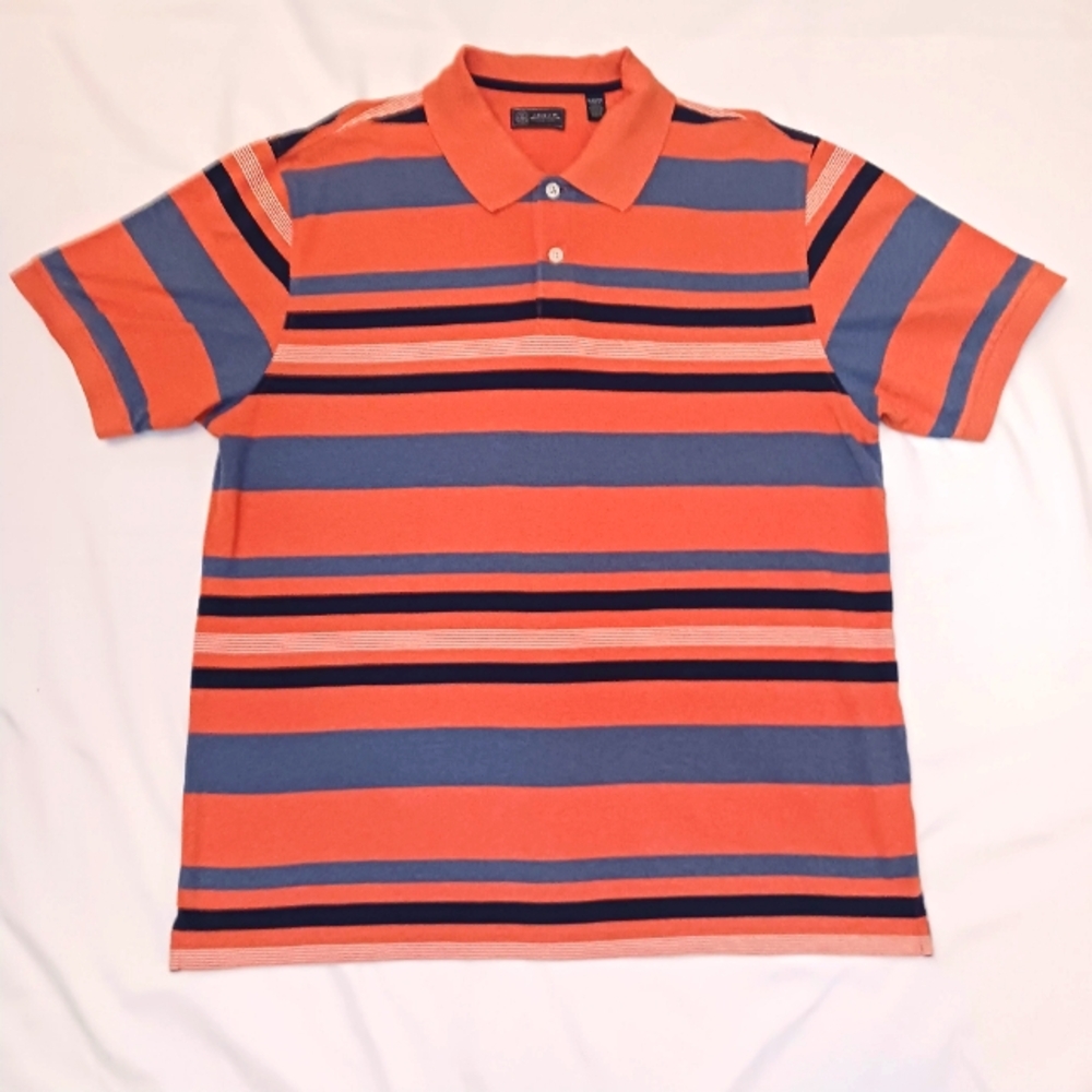 Arrow Orange, Grey, Black & White Striped Short Sleeve Polo Shirt.